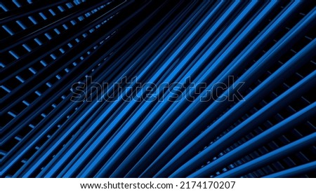 Abstract high tech pattern with blue endless round shaped long stripes. Motion. Bended texture of straight crossed pipes.
