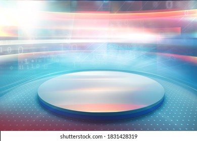 Abstract High Tech Stage Background, Floating Digital Numbers Around The Circular Basement And Wall Screen With Motion Effect. 3d Illustration