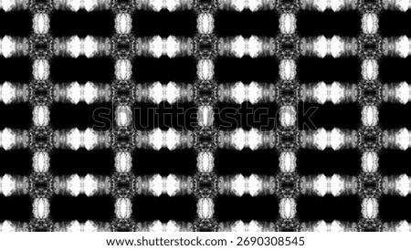 Abstract, High-Contrast Seamless Pattern In Black And White. Features A Distressed, Fuzzy Texture Arranged In A Symmetrical, Plaid-Like Kaleidoscope Or Tartan Design.