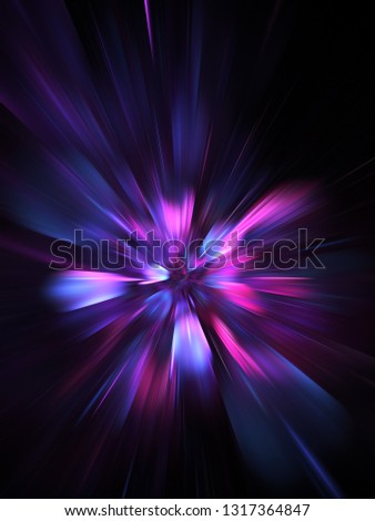 Abstract holiday background with blurred rays and sparkles. Fantastic blue and purple light effect. Digital fractal art. 3d rendering.