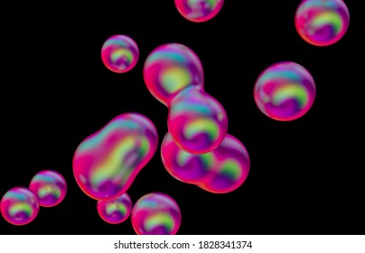 Abstract holographic floating liquid blobs on black background. soap bubbles, metaballs. 3d render.