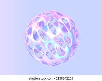 Abstract holographic hollow ball sphere  round metal shape and gradient pearlescent texture  chromatic fluid object  empty futuristic sculpture and holes isolated purple background  3d render