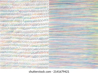 Abstract homogeneous background. A set of drawings in multicolored pencil. Textures with straight and wavy lines. Backdrop with expressive horizontal shading.