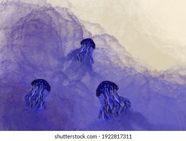Abstract horizontal pattern With purple stains and blue jellyfish