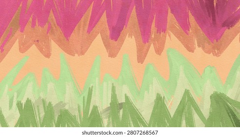 Abstract horizontal zigzag chevron pattern background with textured strokes in pink, orange, peach, and green. Vibrant artistic hand-painted backdrop