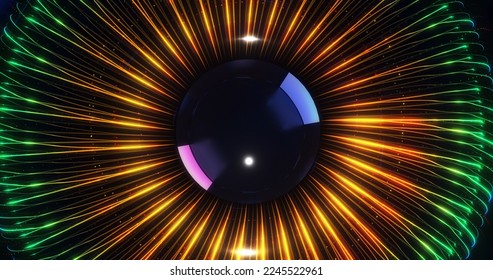 Abstract human eye iris explosion. Colorful optical lines forming iris. Futuristic technology concept 3d Illustration render.