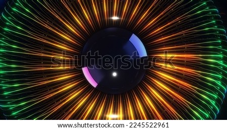 Abstract human eye iris explosion. Colorful optical lines forming iris. Futuristic technology concept 3d Illustration render.