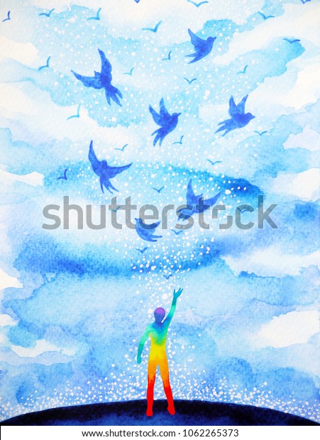 抽象的な人間の空を飛ぶ鳥の霊的な精神的な心 青い雲の空のイラスト水彩画デザイン手描きのデザイン のイラスト素材