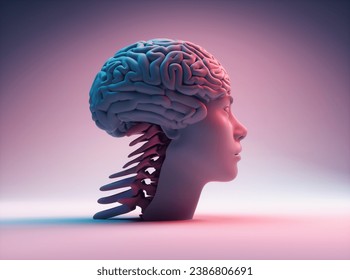 Abstract human head with brain visible. Artificial intelligence and deep learning concept. This is a 3d render illustration