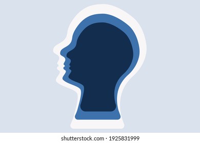 Abstract Human Head Illustration. Deep Thinker, Profound Mind Concept. Human Profile Contour, Multilayered Effect. Blue Tones.