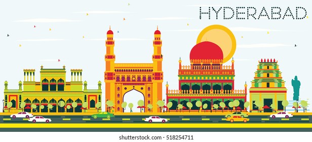 Abstract Hyderabad Skyline With Color Landmarks. Business Travel And Tourism Concept With Historic Architecture. Image For Presentation Banner Placard And Web Site.