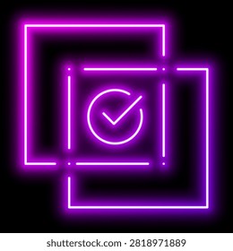 Abstract icon of a checkmark inside a square denoting completion and approval. Neon glowing effect icon