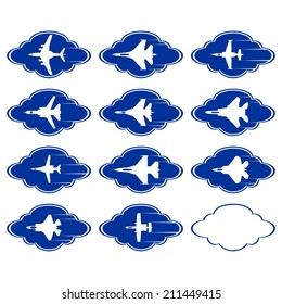 Abstract Icons With Aircraft Military Aircraft Against A Background Of Clouds. Illustration On White Background.