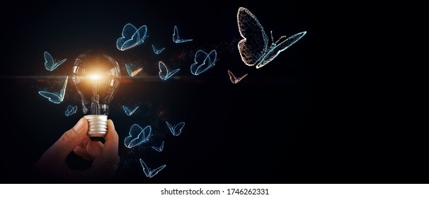 Abstract illustration 3D background hand holding light bulb with butterfly flying freedom concept of think inspiration creative idea motivation for future technology business transform innovation 