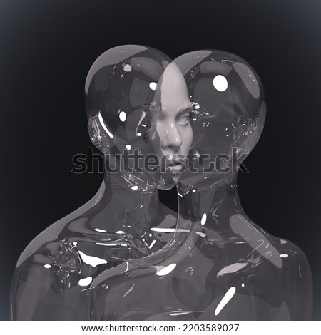 Abstract illustration from 3D rendering of 2 transparent glass figures intersecting each other faces on dark grey background.
