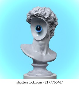 Abstract Illustration From 3D Rendering Of Anonymous White Marble Classical Bust Head On A Pedestal With Omitted Face And Glass Eyeball Marble And Isolated On Background.