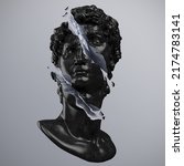 Abstract illustration from 3D rendering of a black and white marble inside bust of male classical sculpture broken in three pieces and tiny fragments isolated on gray background.