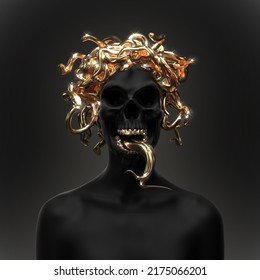 Abstract illustration from 3D rendering of black female with screaming skull head, shiny gold medusa snakes headpiece, teeth and snake tongue out isolated on background in dark art style.
