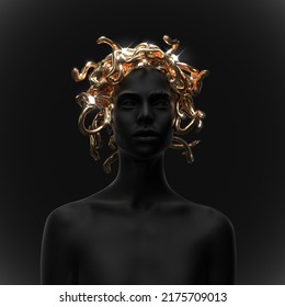 Abstract illustration from 3D rendering of black female frontal figure with golden shiny medusa snakes headpiece isolated on background in dark art style.