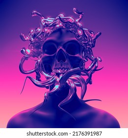 Abstract illustration from 3D rendering of black female with screaming skull head,shiny gold medusa snakes headpiece, teeth and many snake tongues out isolated on background in vaporwave style colors.