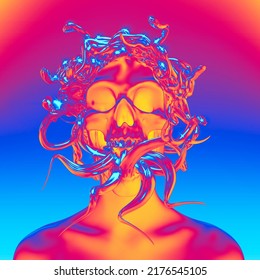 Abstract illustration from 3D rendering of black female with screaming skull head,shiny gold medusa snakes headpiece, teeth and many snake tongues out isolated on background in vaporwave style colors.