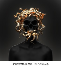 Abstract illustration from 3D rendering of black female with screaming skull head, shiny gold medusa snakes headpiece, teeth and many snake tongues out isolated on background in dark art style.
