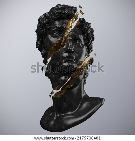 Abstract illustration from 3D rendering of a black marble bust of male classical sculpture broken in three pieces with inner golden material and tiny fragments isolated on gray background.