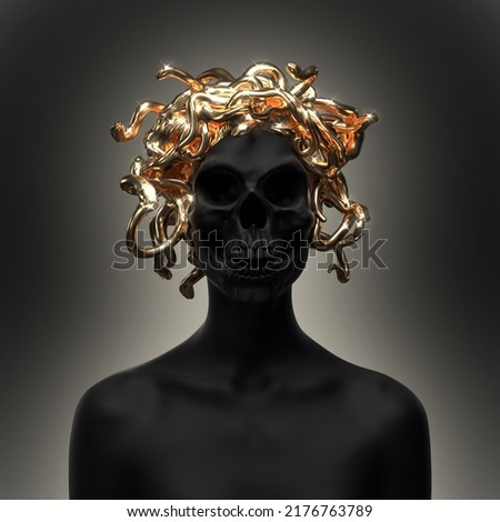 Abstract illustration from 3D rendering of black female frontal figure with skull head and golden shiny medusa snakes headpiece isolated on background in dark art style.