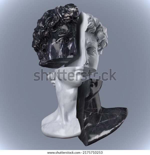 Abstract illustration from 3D\
rendering of black and white checkered and divided cut marble bust\
of male classical sculpture head isolated on grey\
background.