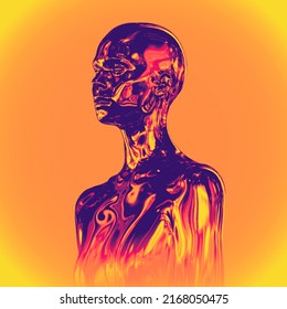 Abstract Illustration From 3D Rendering Of Chrome Metal Reflecting Female Bust In Vaporwave Style Color Palette And Isolated On Orange Background.