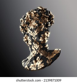 Abstract illustration from 3D rendering of classical male head sculpture with golden leaf brocade pattern on black marble isolated on gradient grey background.