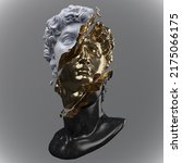Abstract illustration from 3D rendering of a gold, white and black marble bust of male classical sculpture broken in three pieces and tiny fragments isolated on gray background.