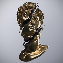 Abstract Illustration From 3D Rendering Of A Gold And Black Marble Inside Bust Of Male Classical Sculpture Broken In Three Pieces And Tiny Fragments Isolated On Gray Background.