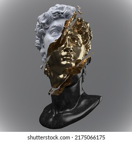 Abstract illustration from 3D rendering of a gold, white and black marble bust of male classical sculpture broken in three pieces and tiny fragments isolated on gray background.
