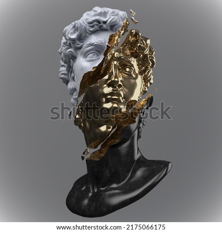 Abstract illustration from 3D rendering of a gold, white and black marble bust of male classical sculpture broken in three pieces and tiny fragments isolated on gray background. Stockfoto © 