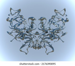 Abstract Illustration From 3D Rendering Of Liquid Chrome Reflecting A Mask Design In The Shape Of Butterfly Or Rorschach And Isolated On Background.