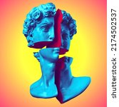 Abstract illustration from 3D rendering of male classical sculpture head cut divided into 4 blue pieces with red cut and isolated on yellow background in pink and blue vaporwave style.