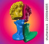 Abstract illustration from 3D rendering of male classical sculpture head cut divided into 4 different colors pieces and isolated on colorful background.