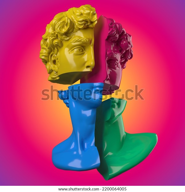 Abstract illustration from 3D rendering of\
male classical sculpture head cut divided into 4 different colors\
pieces and isolated on colorful\
background.