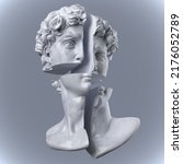 Abstract illustration from 3D rendering of white marble bust of male classical sculpture head cross cut divided and isolated on grey background.