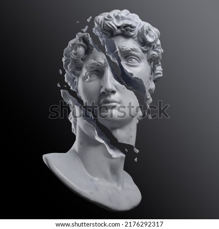 Abstract illustration from 3D rendering of a white marble bust of male classical sculpture broken shattered in three large pieces and tiny fragments isolated on dark lit background. Stockfoto © 