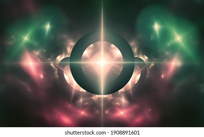 abstract illustration background image desktop wallpaper fantastic symbol in the form of rings with a bright star in the center and galactic fog around.