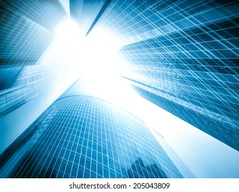 Abstract illustration background texture of perspective wide angle view to steel light blue glass surface, high rise building skyscraper commercial modern city of future Business industry architecture