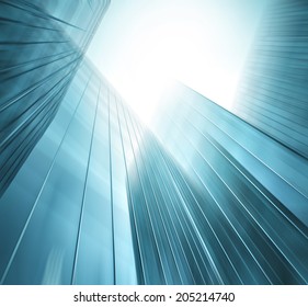 Abstract illustration background texture of perspective wide angle view to steel light blue glass surface, high rise building skyscraper commercial modern city of future Business industry architecture - Powered by Shutterstock