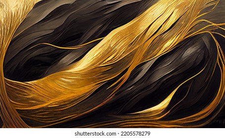 Abstract Illustration Of Bright Black And Golden Brush Stokes Textures, Luxury Black And Gold Texture Pattern