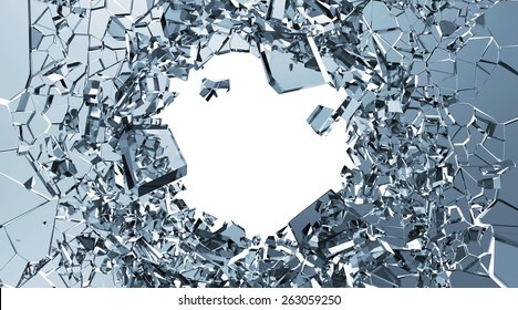 Abstract Illustration Of Broken Blue Glass Into Pieces Isolated On White Background With Place For Your Text