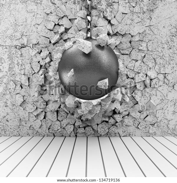 Abstract Illustration of Concrete Wall Broken by\
Wrecking Ball