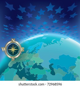 abstract illustration with globe and compass on stars background