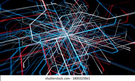 Abstract Illustration Of Many Different Ways Of Development. Animation. Many Colorful Lines Spread And Multiply From One Point On Black Background.