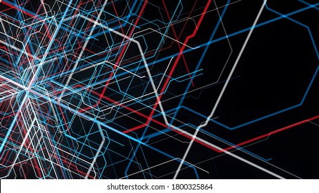 Abstract Illustration Of Many Different Ways Of Development. Animation. Many Colorful Lines Spread And Multiply From One Point On Black Background.